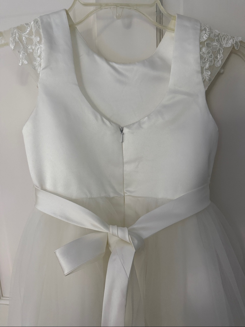 White Tulle Flower Girl Dress with Lace Cap Sleeves - Picture 7 of 12